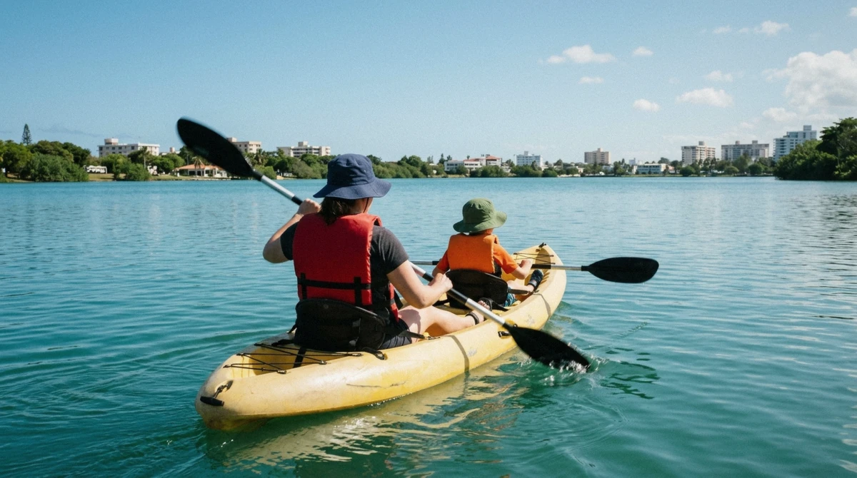 A parent and child paddling a tandem kayak on the calm Condado Lagoon, kayaking Condado Lagoon with kids in San Juan, Puerto Rico