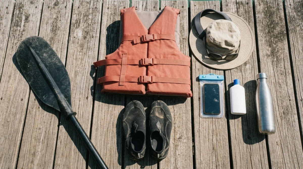 Sunscreen, water shoes and a dry bag packed for a Condado Lagoon kayak rental day in San Juan, Puerto Rico