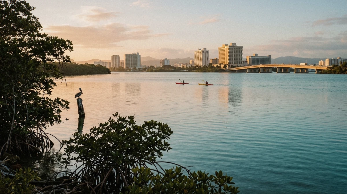 Kayakers paddling the calm Condado Lagoon at sunrise, illustrating the best time to kayak Condado Lagoon in San Juan, Puerto Rico